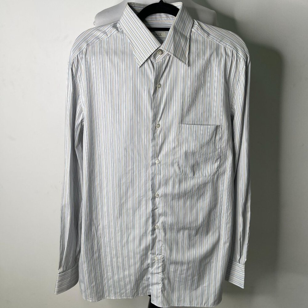 Gianluca Isaia Men's Blue Gold Striped Button Down Long Sleeve Shirt Size 16.5